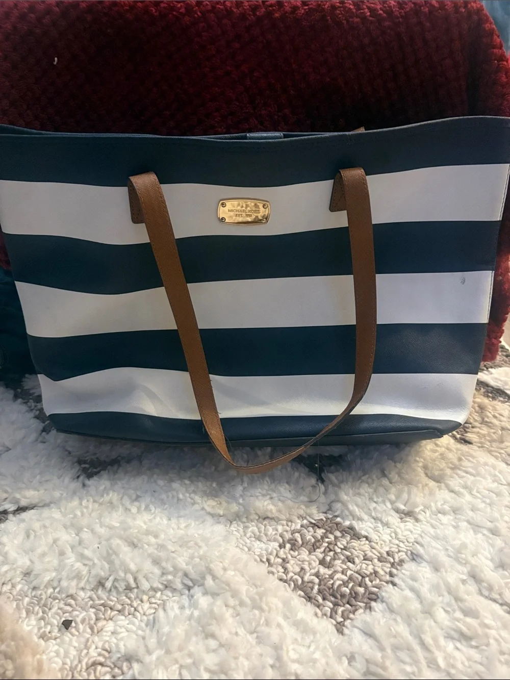 Michael Kors Navy and White Striped Shoulder Tote with Brown Handle